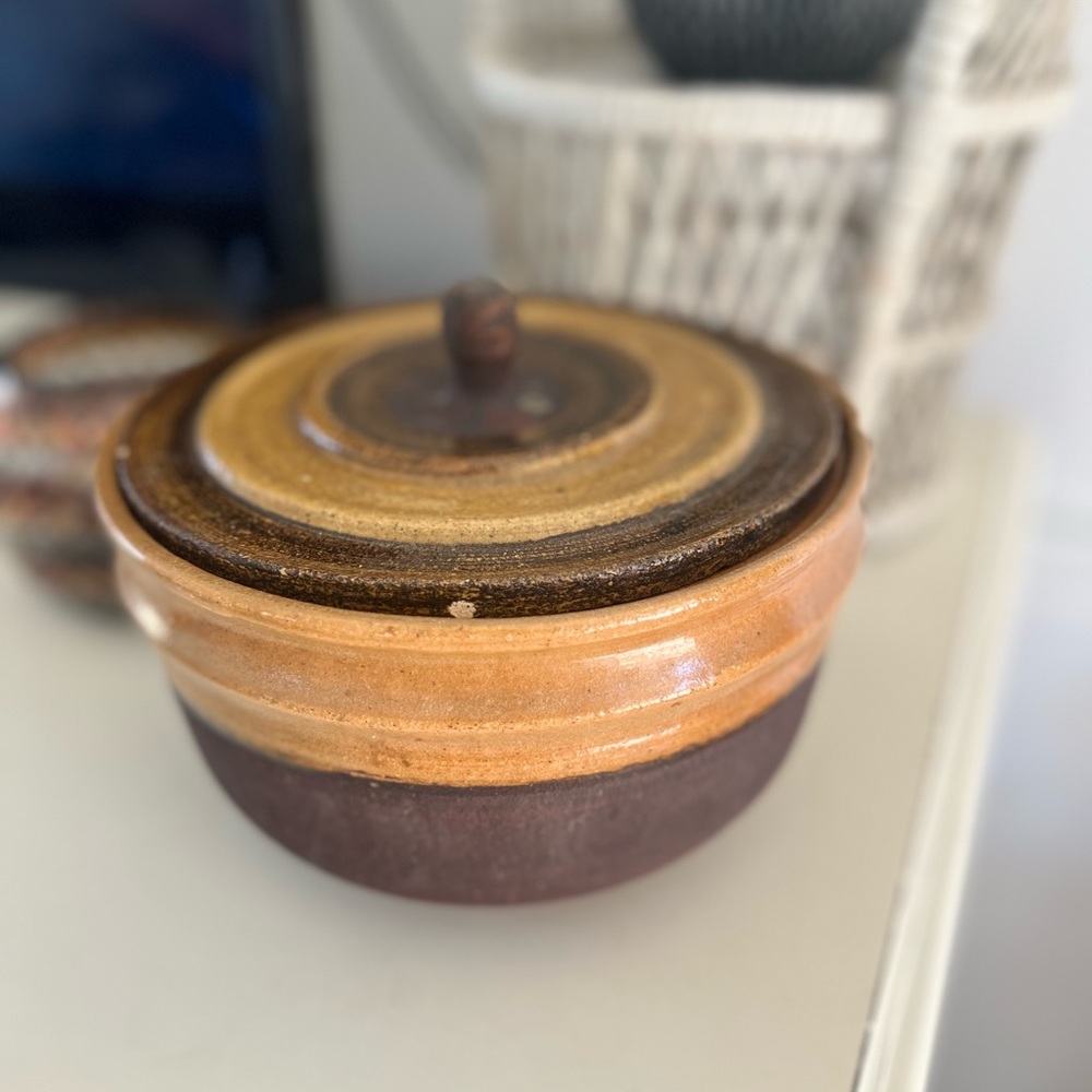 Earthenware Ceramic Dark and Golden Brown Bowl with Lid Hand thrown Clay Decor